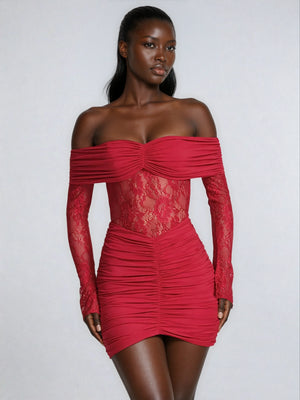 A&A Off-shoulder Long Sleeve Lace Ruched Mini Dress