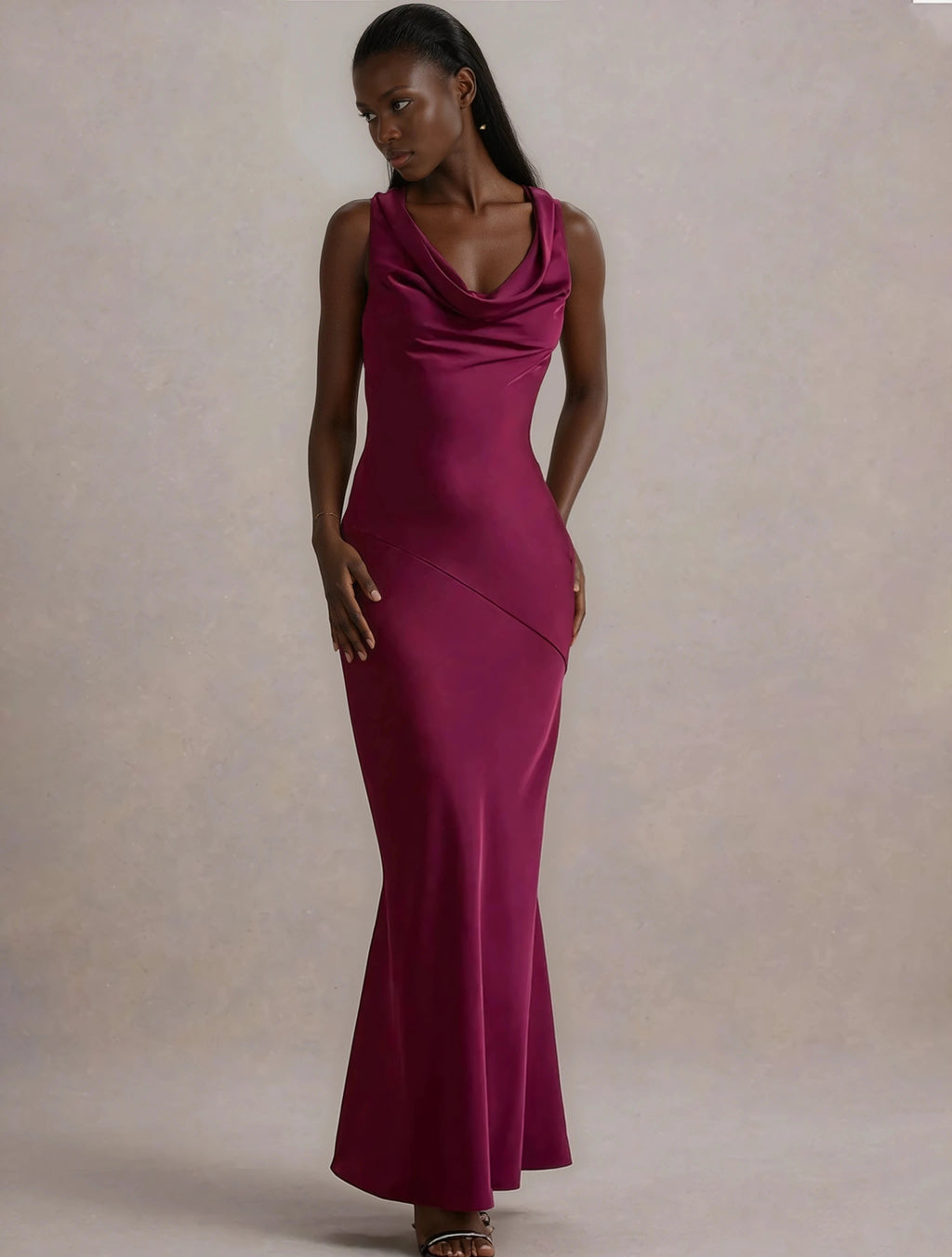 A&A Luxe Cowl Neck And Backless Satin Maxi Dress