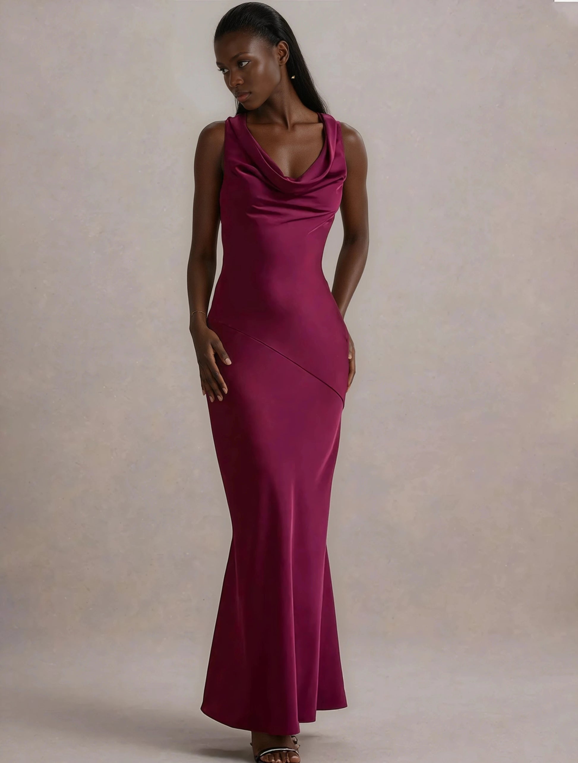 A&A Luxe Cowl Neck And Backless Satin Maxi Dress