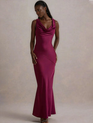 A&A Luxe Cowl Neck And Backless Satin Maxi Dress