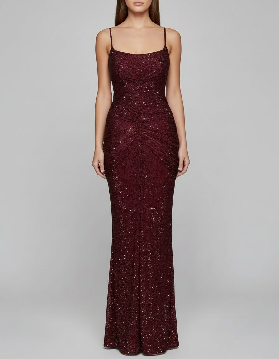 A&A Luxe Rhinestone Embellished Ruched Backless Maxi Dress