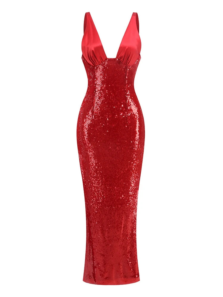 A&A Luxe V Neck Red Sequined Maxi Dress