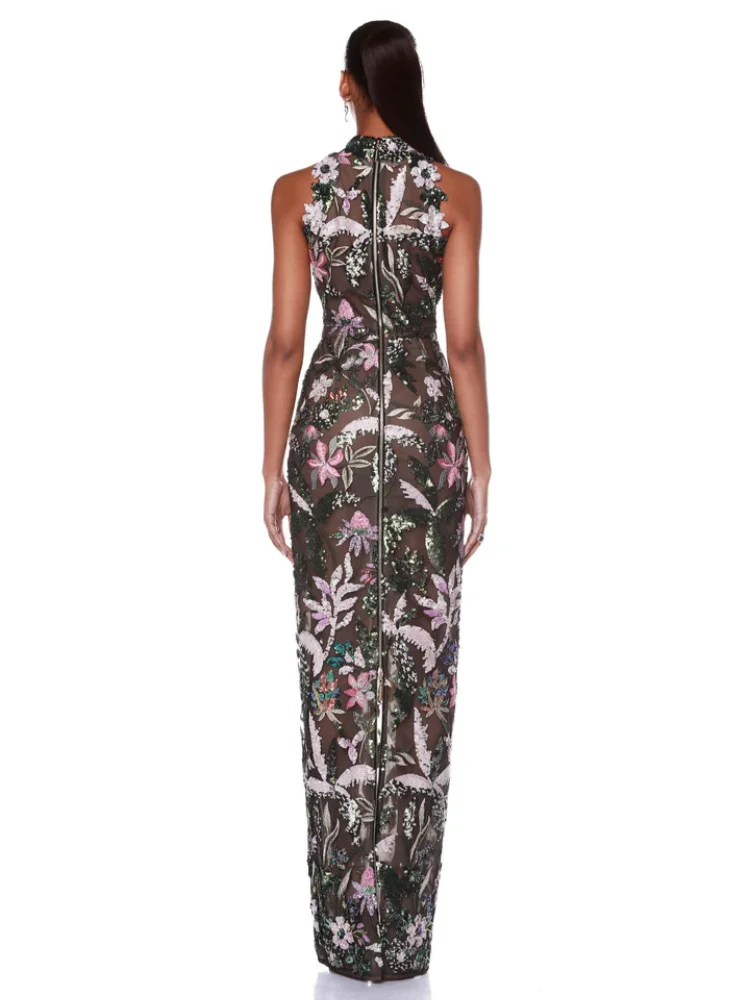 A&A Luxe Embroidered High Neck 
Mesh Floral Sequin Maxi Dress