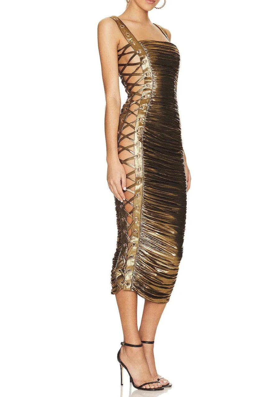 A&A Luxe Strap Dress Gold Side Cross Hollow Midi Dress