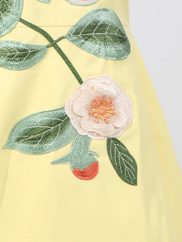 A&A Elara Yellow Strapless Embroidered Flower A-Line Mini Dress