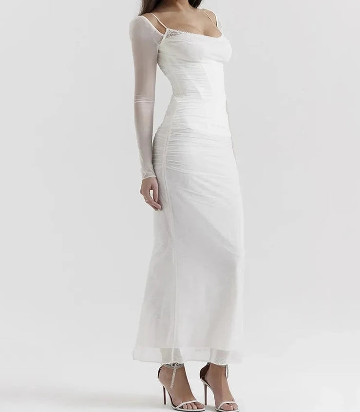A&A Elegant Sheer Long Sleeve Bustier Maxi Dress