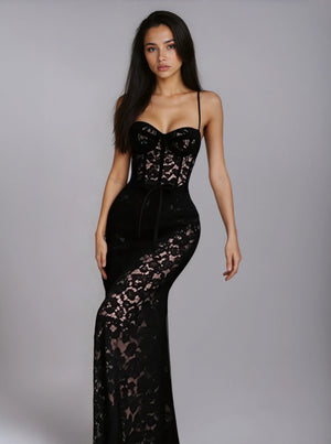 A&A Luxe Spaghetti Strap Floral Print Lace Maxi Dress