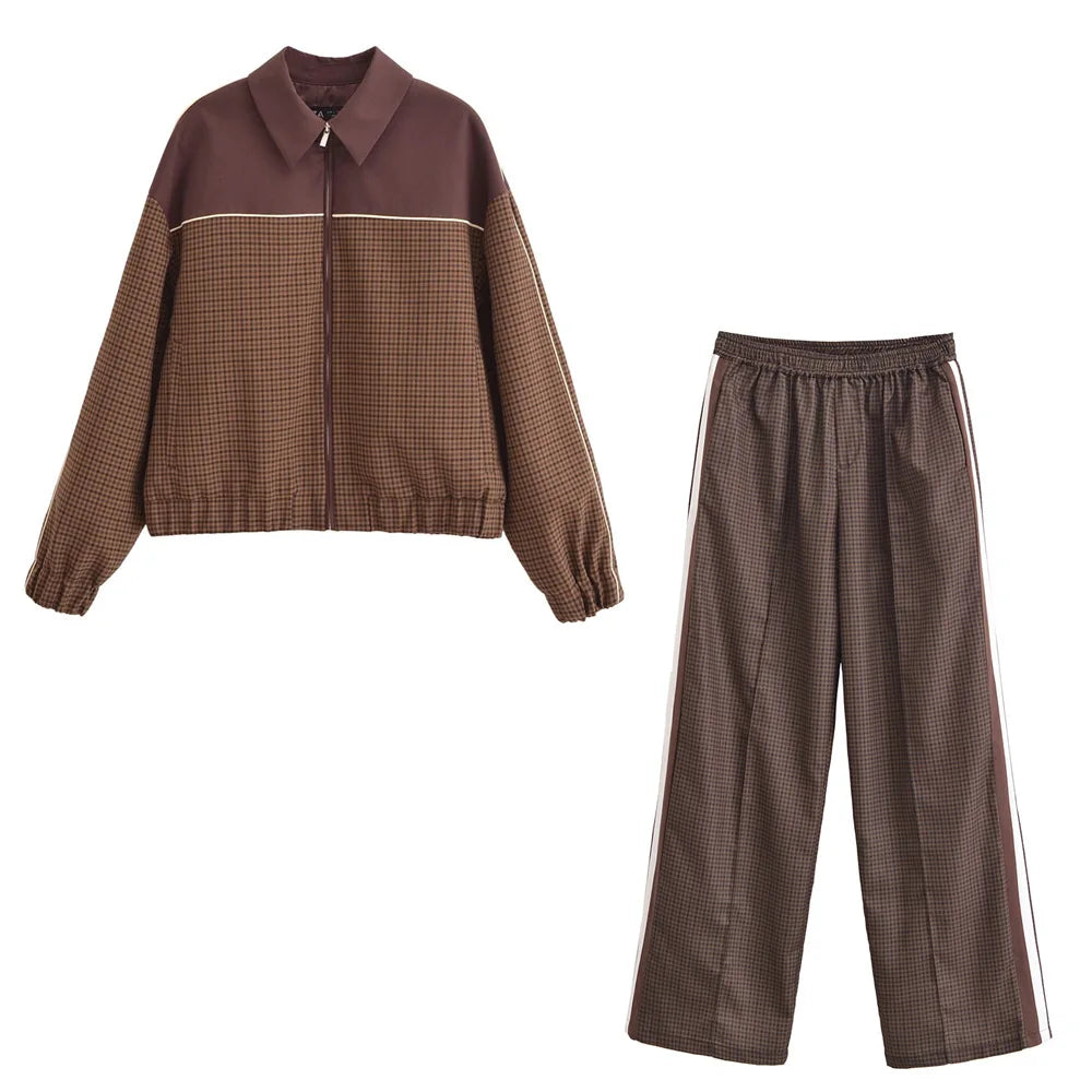 A&A Brown Checkered Retro Two Piece Track Set