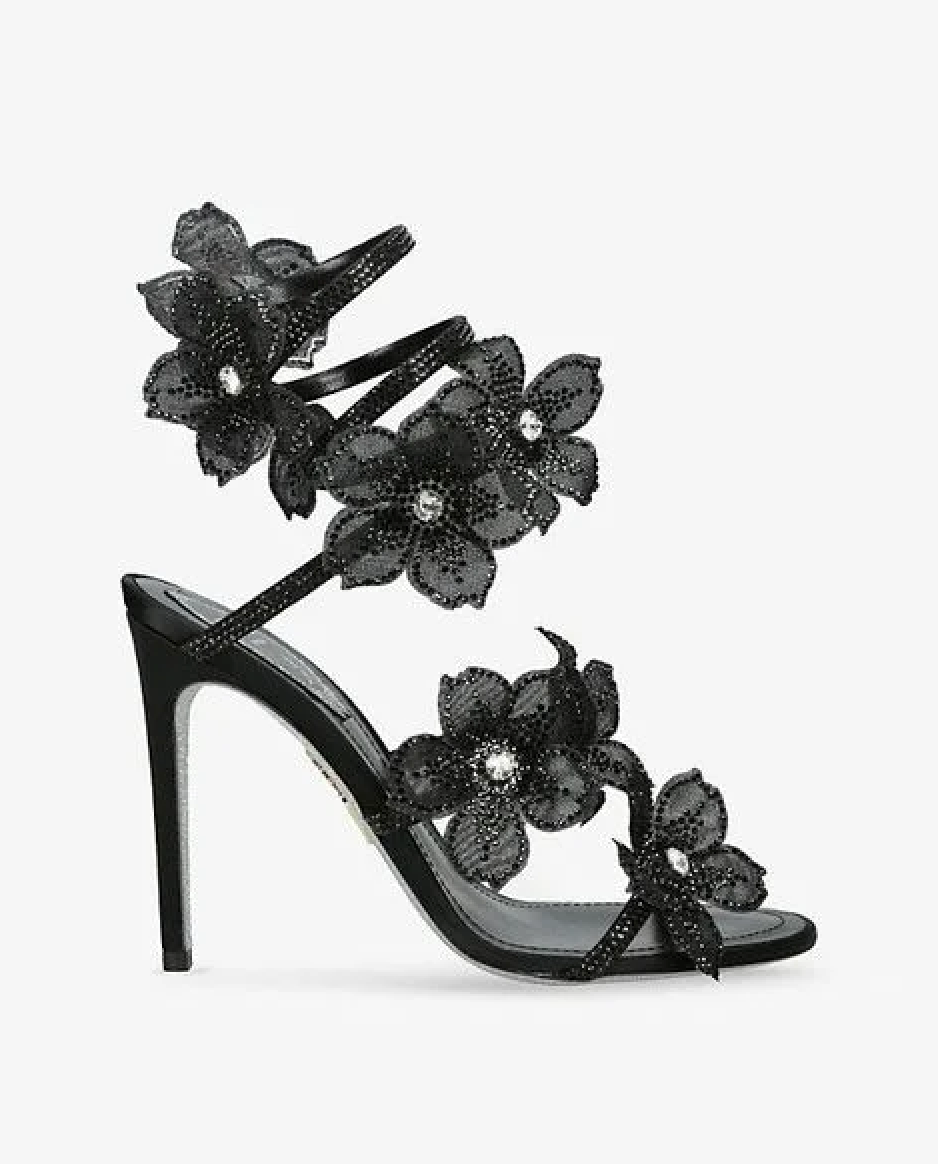 A&A Aeris Black Crystal Flower Wrap Up Heels