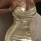 A&A Gold Metallic Spaghetti Strap Ruched Midi Dress