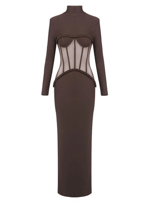 A&A Luxe Turtleneck Mesh Brown Long Sleeve Maxi Dress