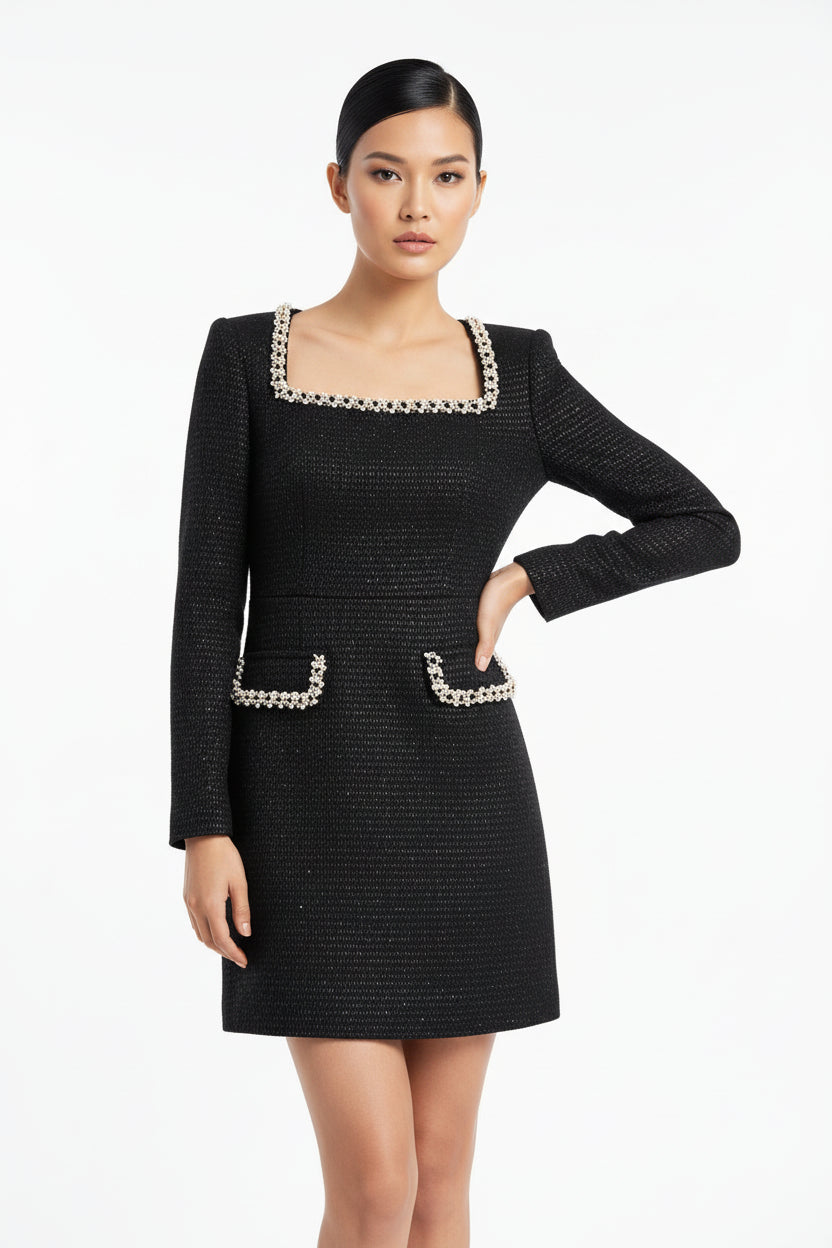 A&A Square Neck Diamonte Beading Knit A Line Mini Dress - Black / S A&A Square Neck Diamonte Beading Knit A Line Mini Dress - Black / S