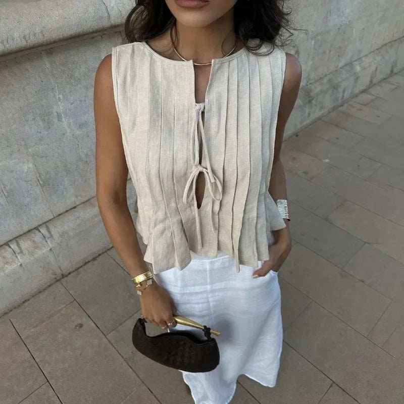 A&A Pleated Tie Front Sleeveless Chic Top