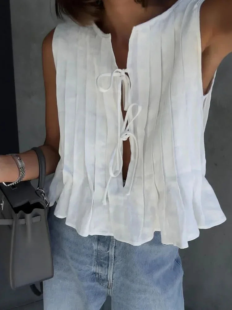 A&A Pleated Tie Front Sleeveless Chic Top