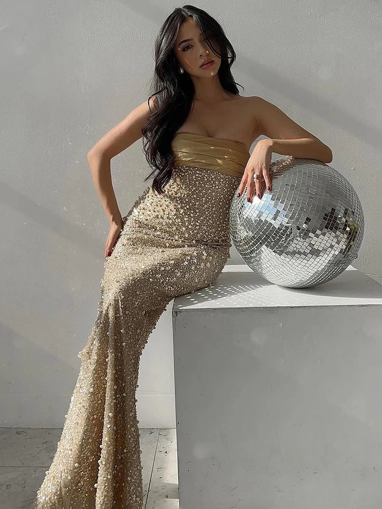 A&A Luxe Strapless Rhinestone Embellished Gold Maxi Gown Dress