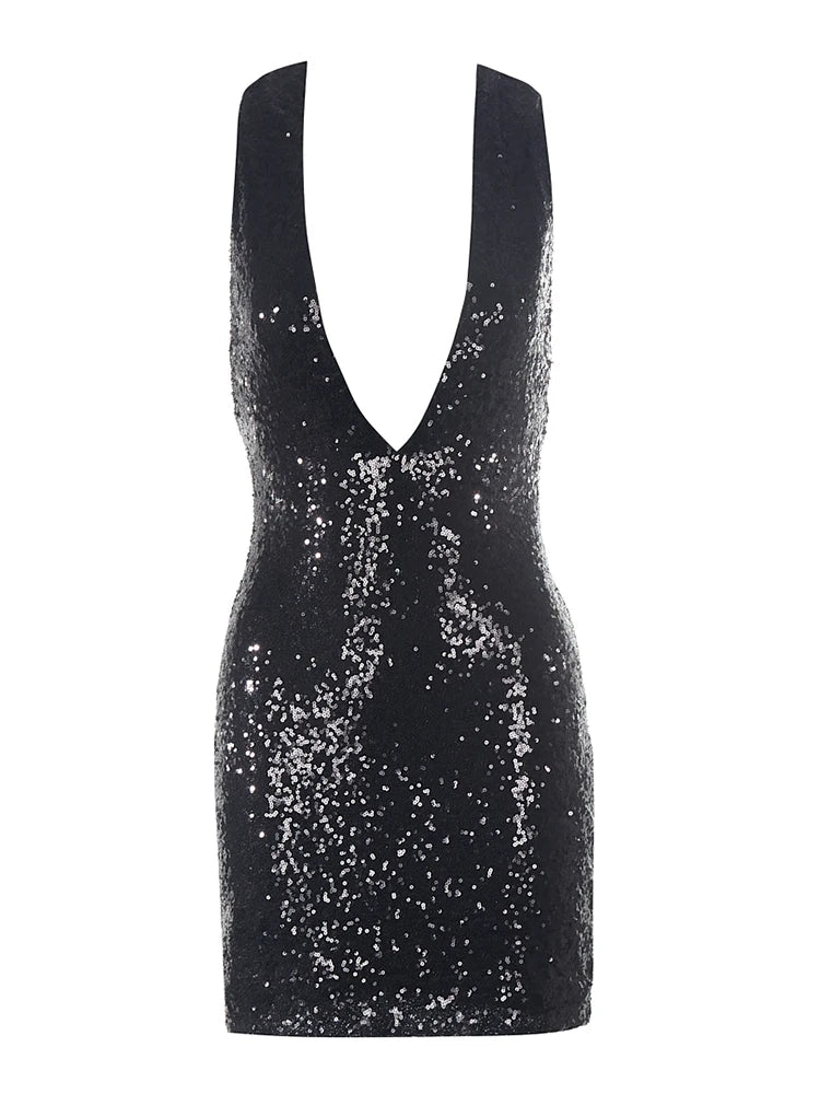 A&A Deep V Neck Black Sequin Glitter Mini Dress