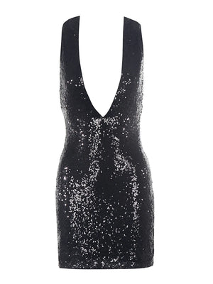 A&A Deep V Neck Black Sequin Glitter Mini Dress