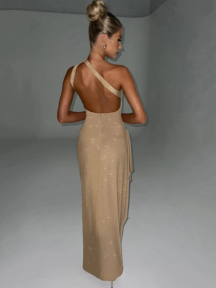 A&A One Shoulder High Split Glitter Backless Maxi Dress