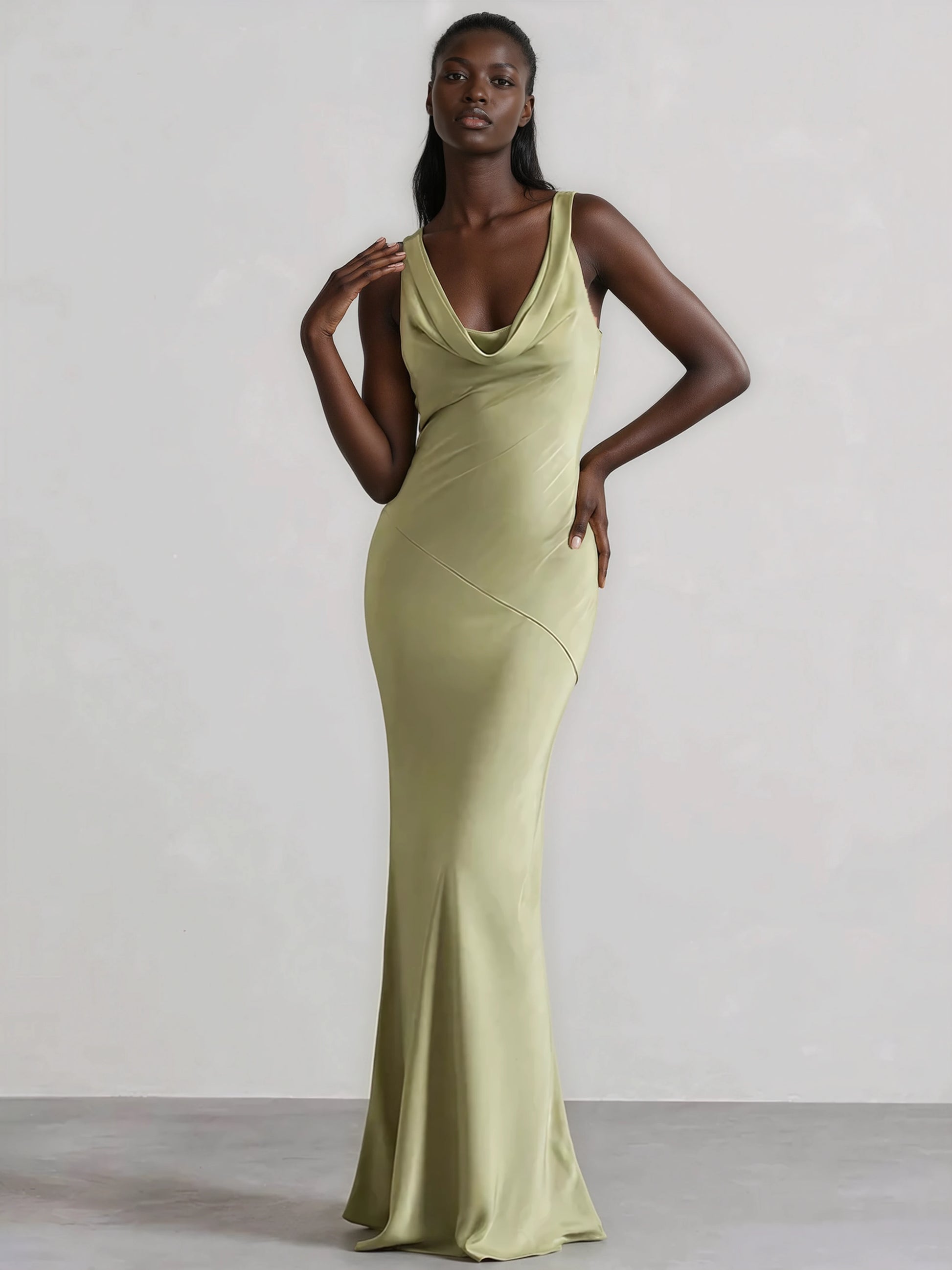 A&A Luxe Cowl Neck And Backless Satin Maxi Dress