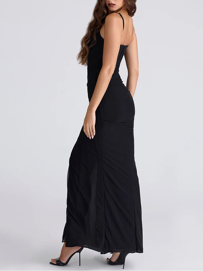 A&A Spaghetti Strap Elegant Black Ruched Slit Maxi Dress