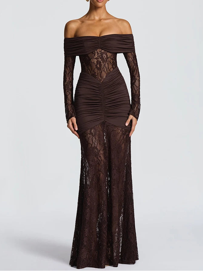 A&A Luxe Off-Shoulder Sheer Long Sleeve Maxi Dress