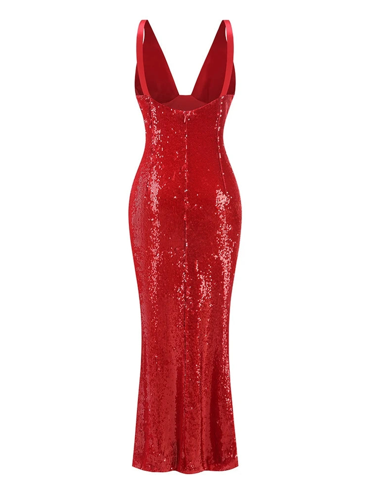 A&A Luxe V Neck Red Sequined Maxi Dress