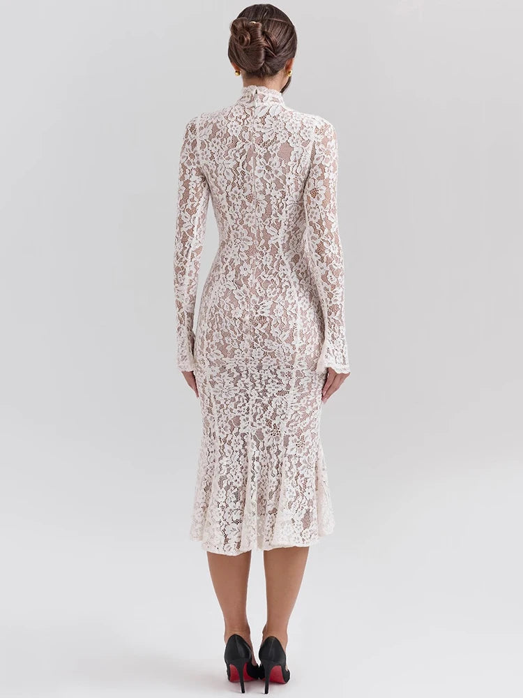 A&A Luxe Long Sleeve High Neck Lace White Midi Dress