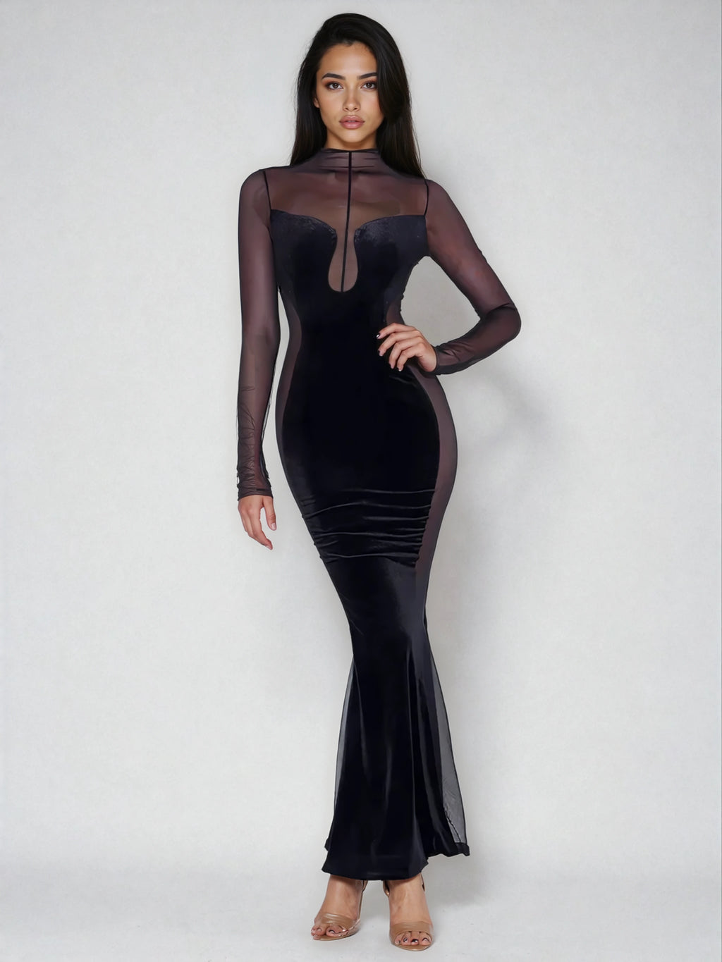 A&A Velvet Mesh Long Sleeve Maxi Dress