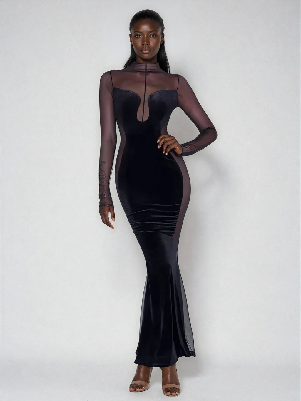 A&A Velvet Mesh Long Sleeve Maxi Dress