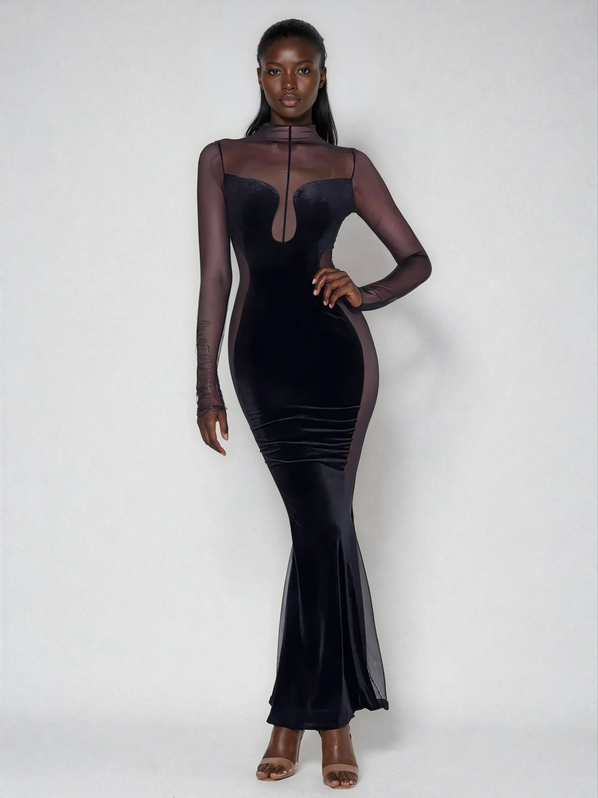A&A Velvet Mesh Long Sleeve Maxi Dress