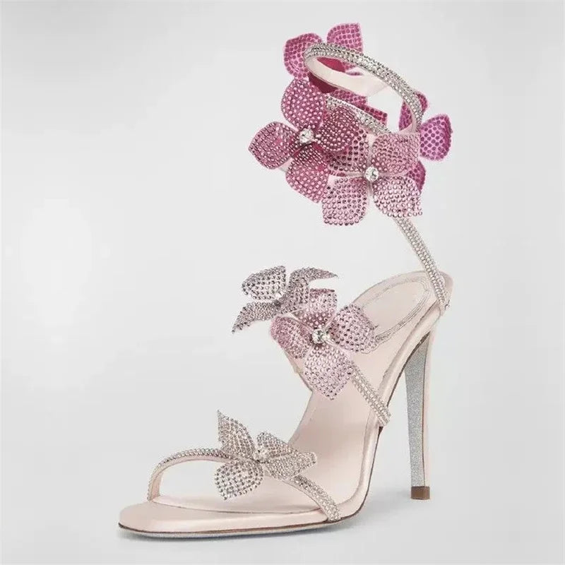 A&A Aeris Pink Crystal Flower Wrap Up Heels