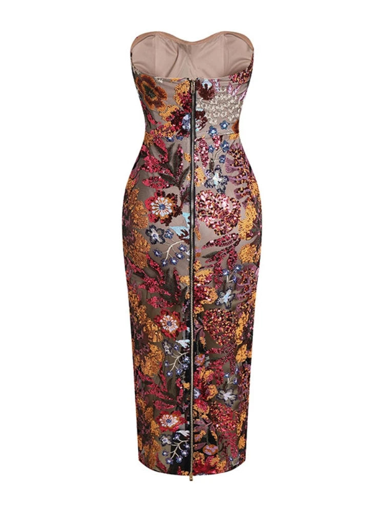 A&A Luxe Strapless Handmade Floral Sequin Maxi Gown Dress