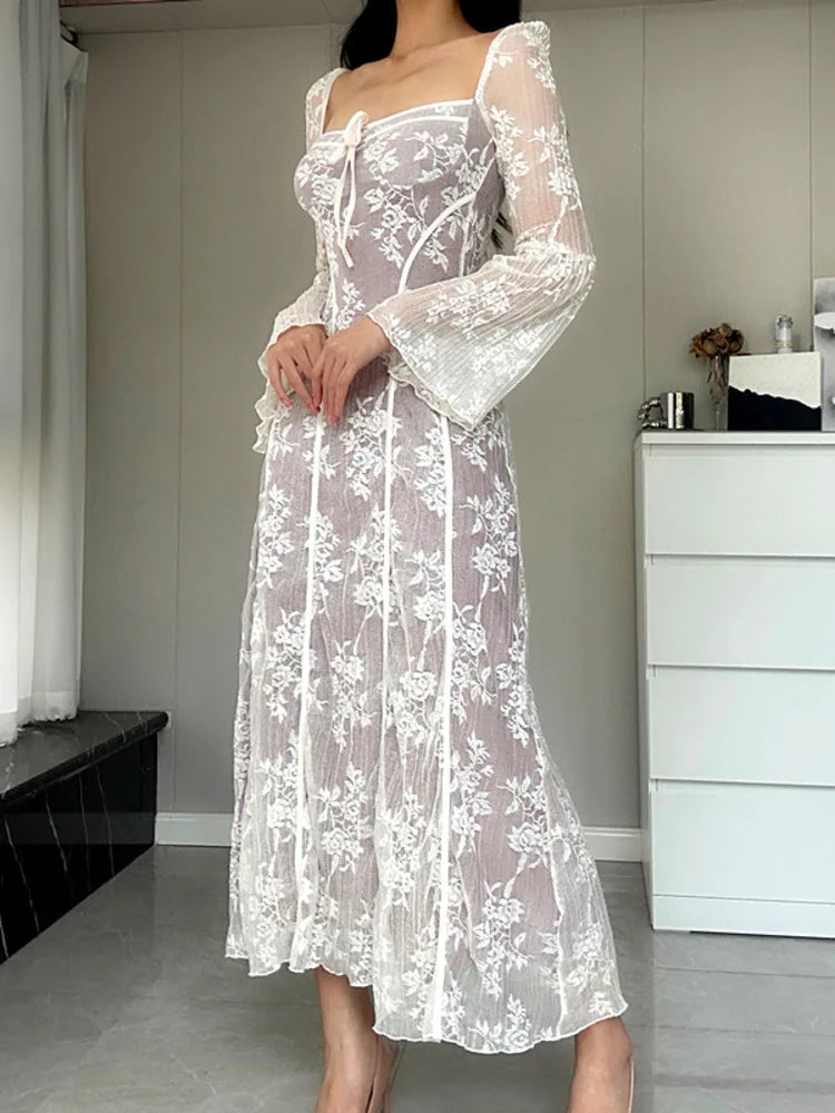A&A Luxe Vintage Square Collar Lace Long Sleeve Maxi Dress