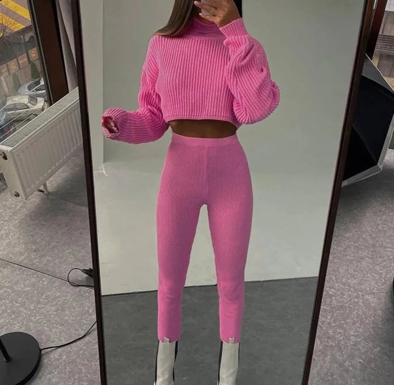 A&A Knitted Two Piece Cropped Turtleneck and Pants Set