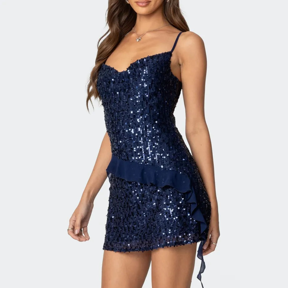 A&A Navy Blue Sparkle Sequin Ruffle Party Dress