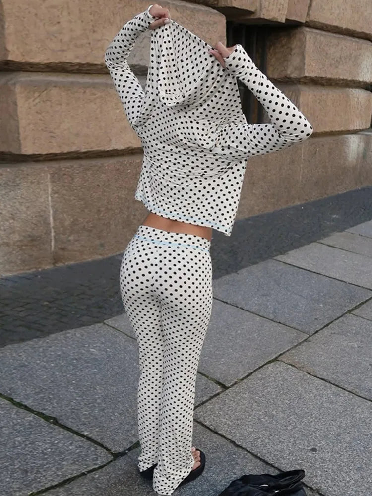 A&A Liluca Polka Dot Hooded Zip Up Top & Flare Pants Set