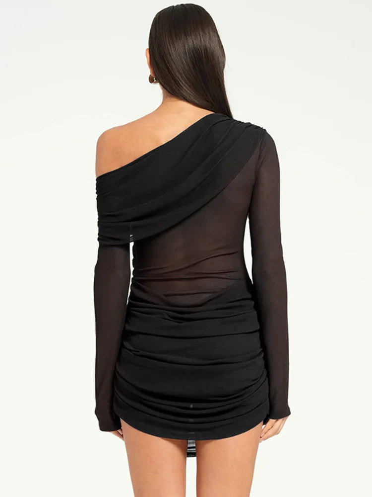 A&A One Shoulder Mesh Draped Long Sleeve Mini Dress