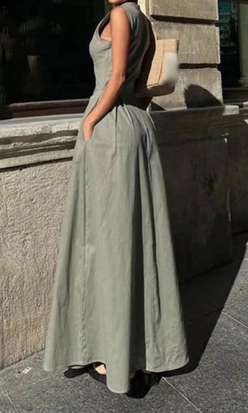 A&A Solid Sleeveless Half Zip A-line Maxi Dress