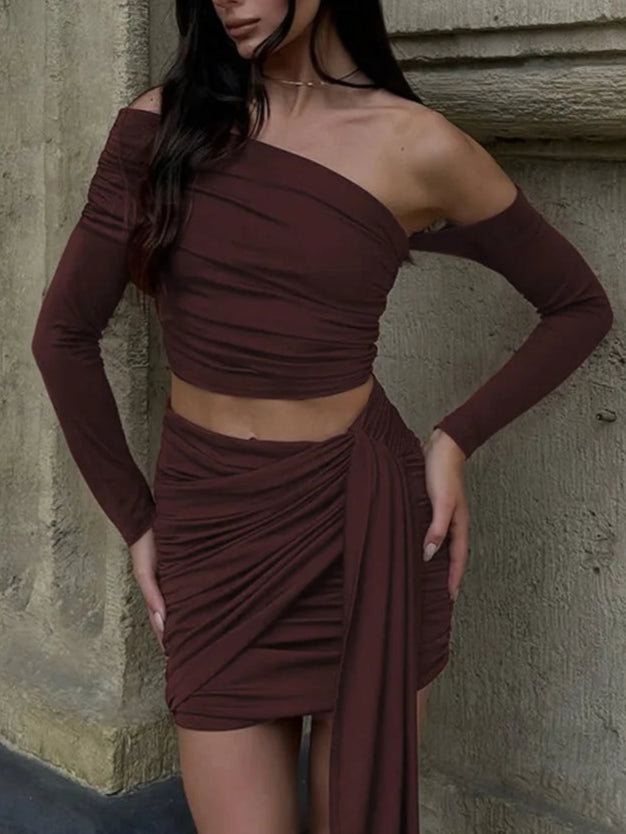 A&A One Shoulder Draped Skirt Two Piece Set