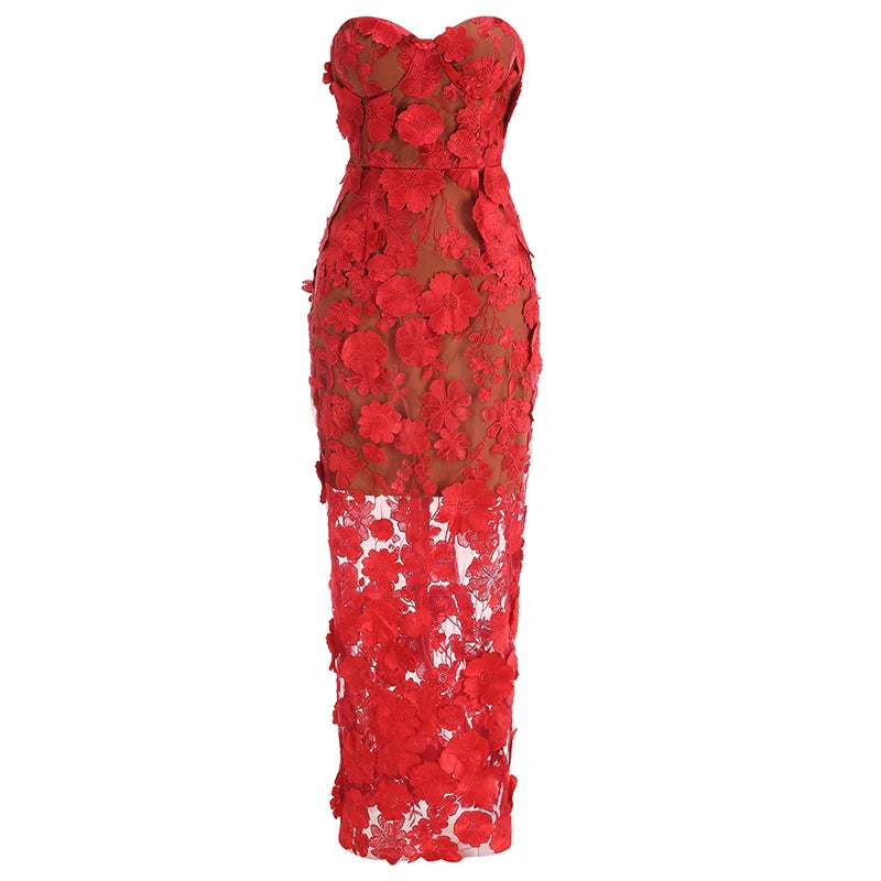 A&A Luxe Embroidered Flower Lace Mesh Strapless Dress