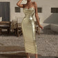 A&A Gold Metallic Spaghetti Strap Ruched Midi Dress