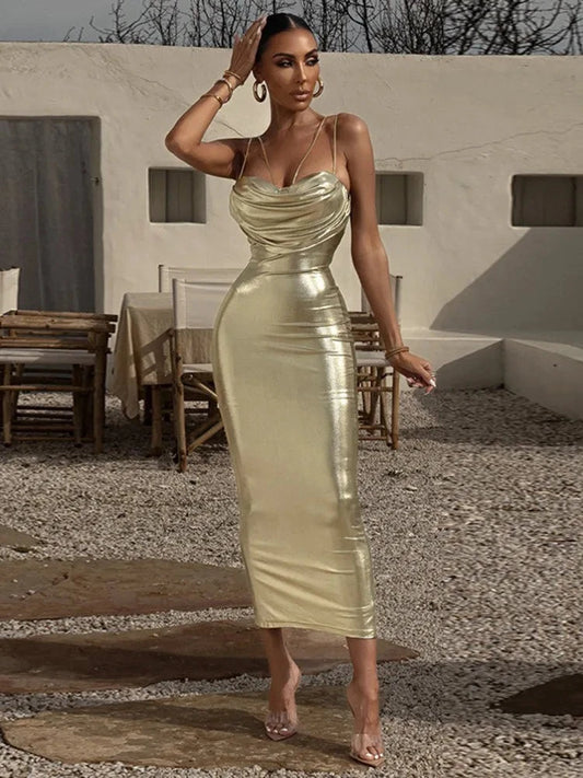 A&A Gold Metallic Spaghetti Strap Ruched Midi Dress