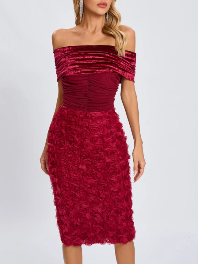 A&A Luxe Off The Shoulder Flower Mesh Midi Dress