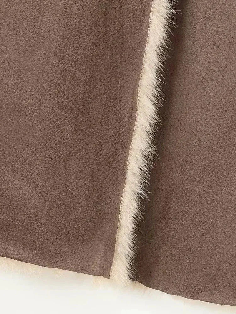 A&A Reversible Faux Fur & Suede Coat in Beige & Mocha Brown