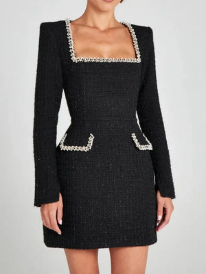 A&A Square Neck Diamonte Beading Knit A Line Mini Dress