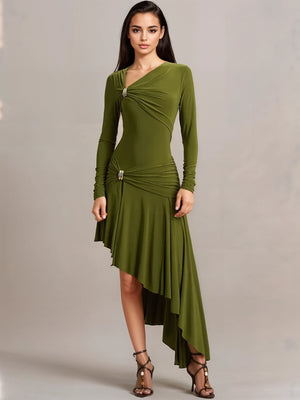 A&A Long Sleeve Asymmetric  Ruched Draped Maxi Dress