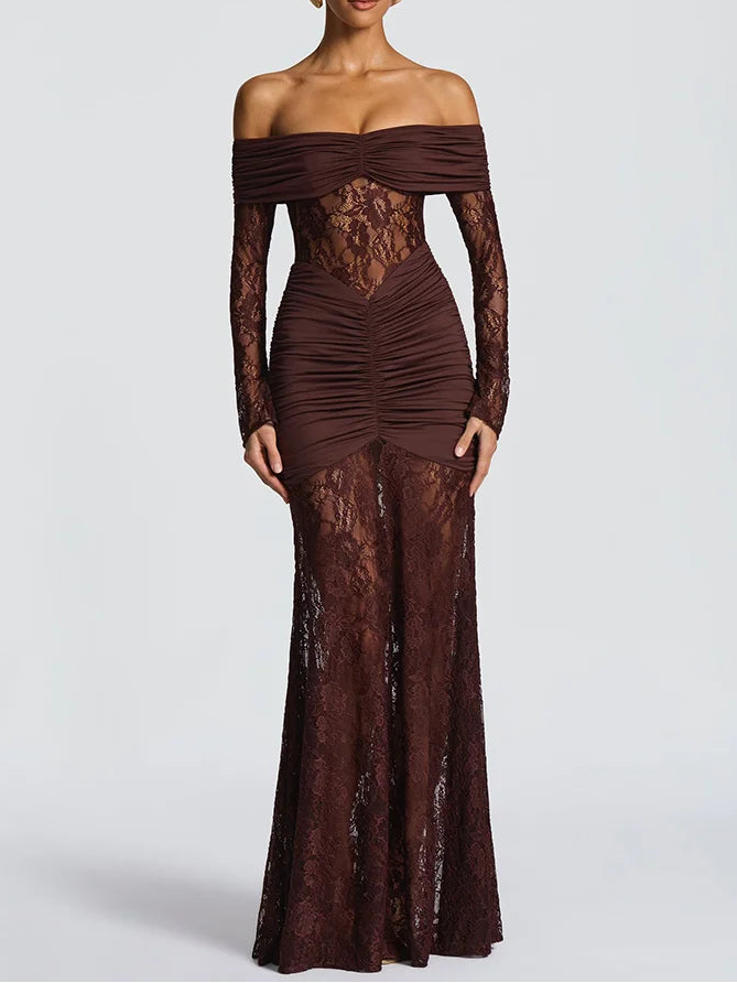 A&A Luxe Off-Shoulder Sheer Long Sleeve Maxi Dress