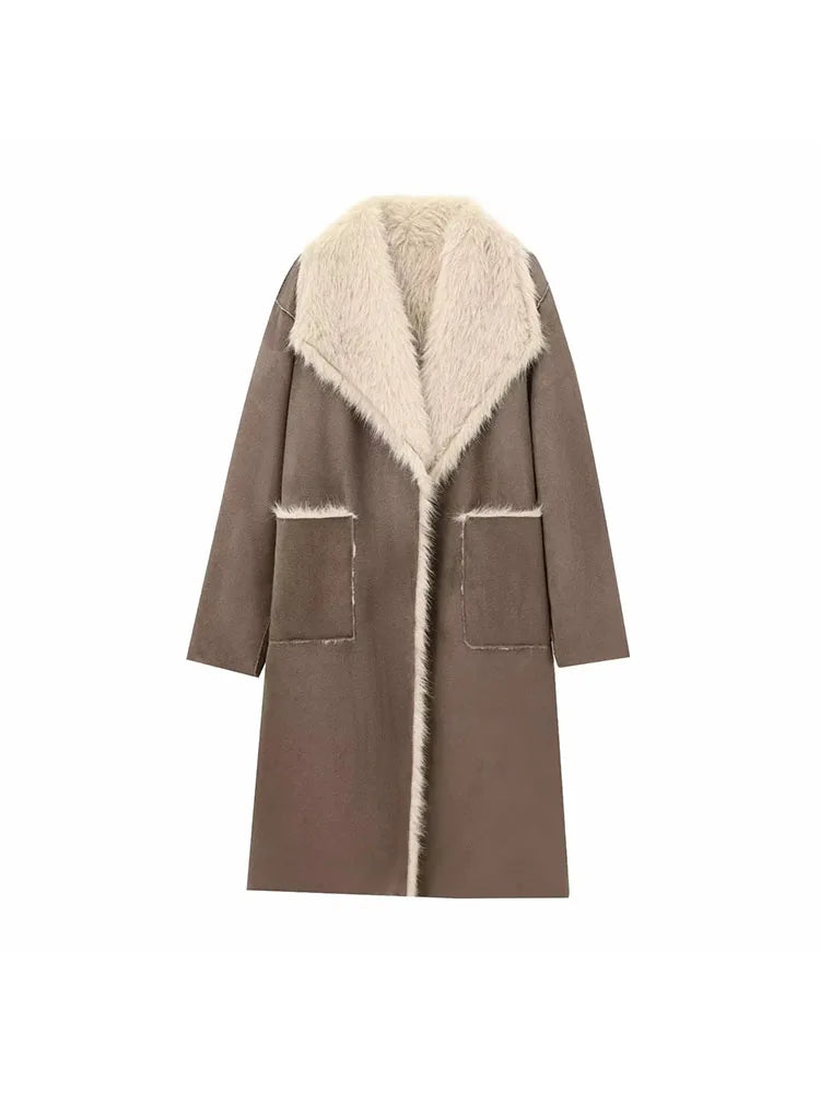A&A Reversible Faux Fur & Suede Coat in Beige & Mocha Brown