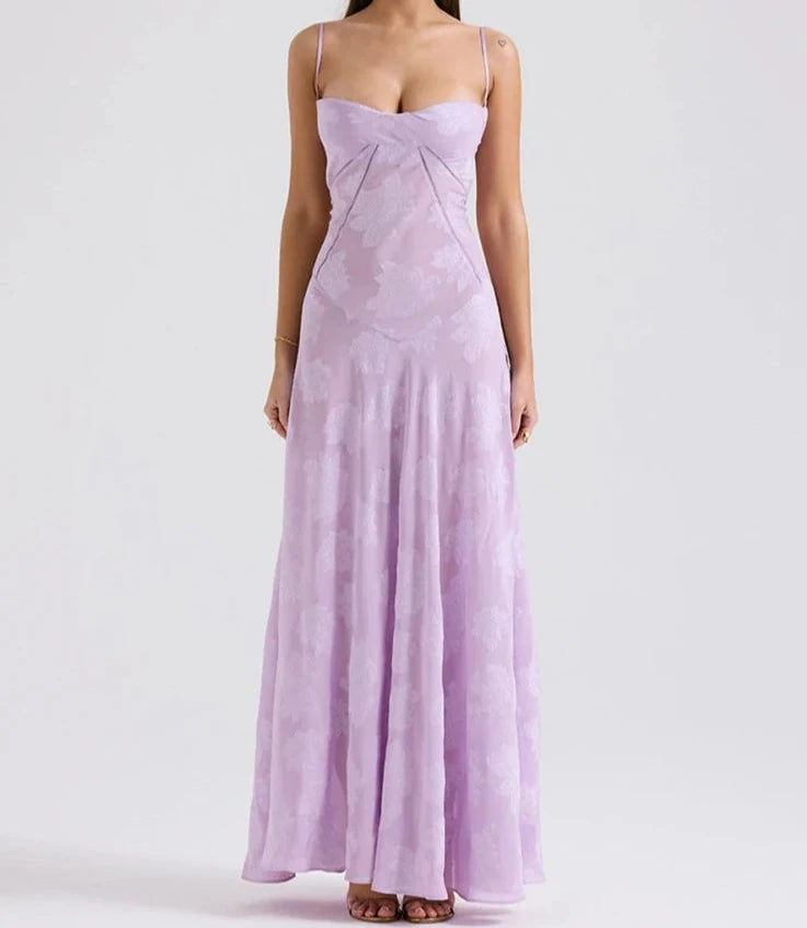 A&A Lace Floral Spaghetti Strap Sheer Sleeveless Lilac Dress