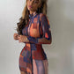 A&A Abstract High Neck Bodycon Print Long Sleeve Mini Dress